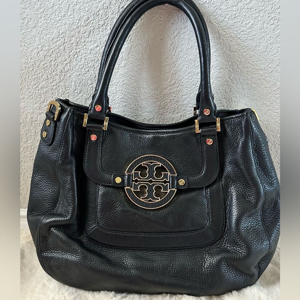 Tory Burch Black Leather Shoulder Bag with Gold Hardware